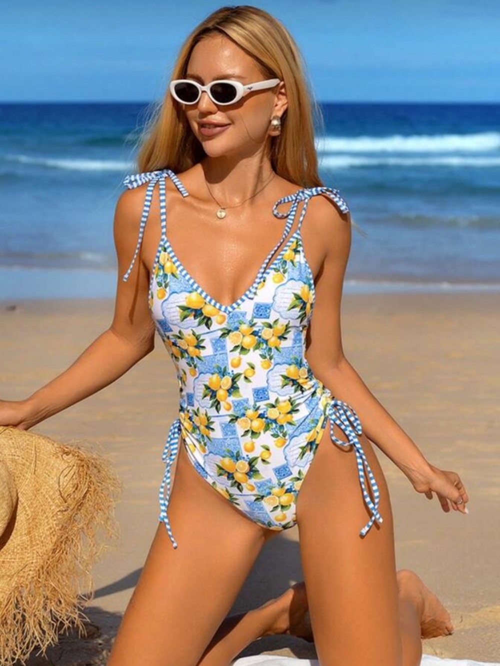 Lemon print one piece swimsuit yellow blue European vacation preppy swim - Picture 4 of 4